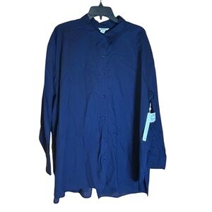 Caslon Womens Plus Tunic Navy Button Front Blouse Top 2X Long Sleeve NWT‎ Navy